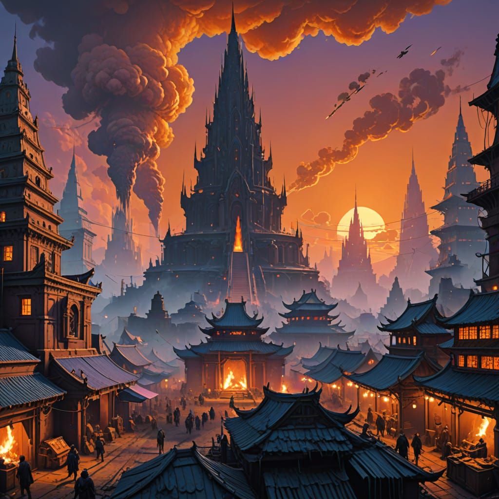 Ancient Metropolis Ablaze in Fantasy Concept Art Style