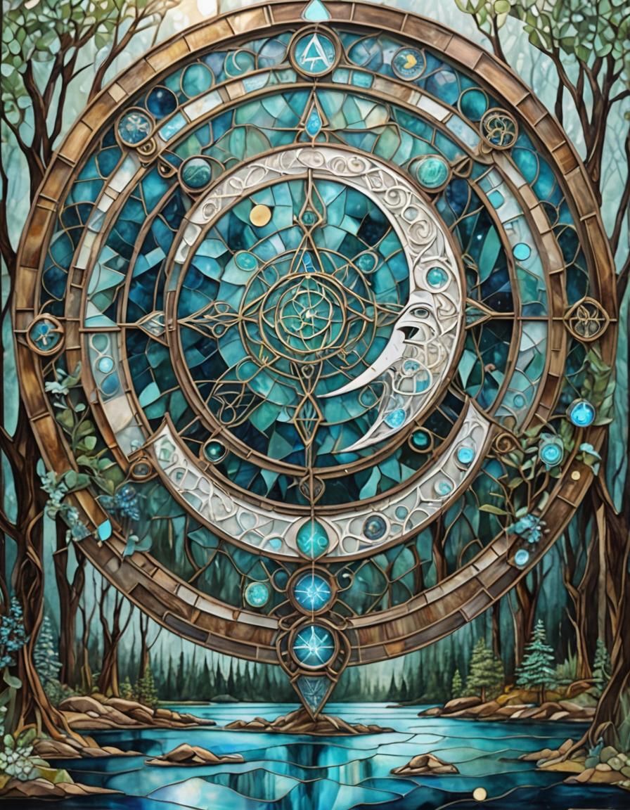 Luminescent Alchemy Symbols in Stained Glass Mosaic