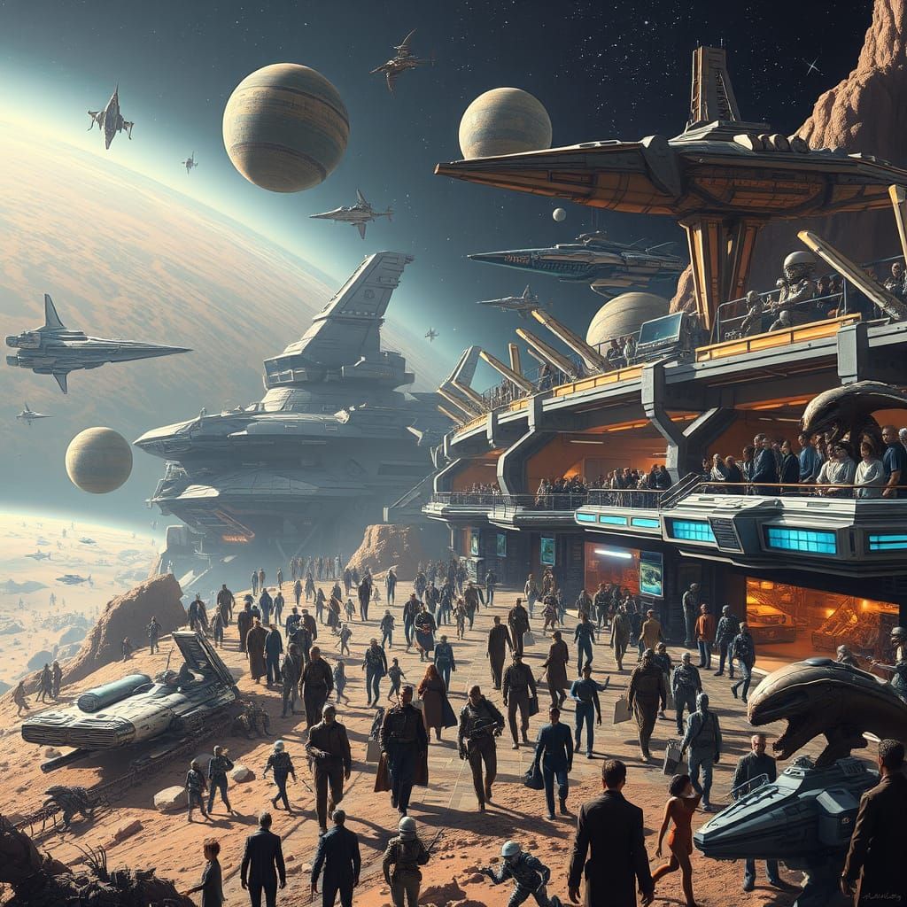 Bustling Alien Spaceport: A Photorealistic Maximalist Scene