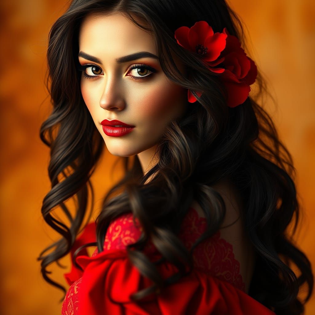 A striking portrait photograph of a woman with long, wavy dark brown hair, styled with loose curls that cascade around h...