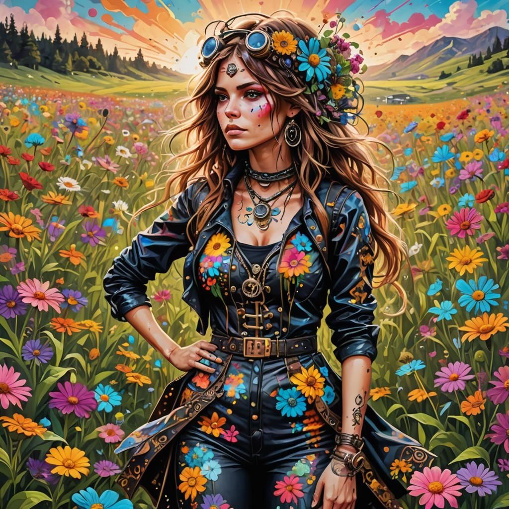 Steampunk Hippie Chick in Psychedelic Flower Field