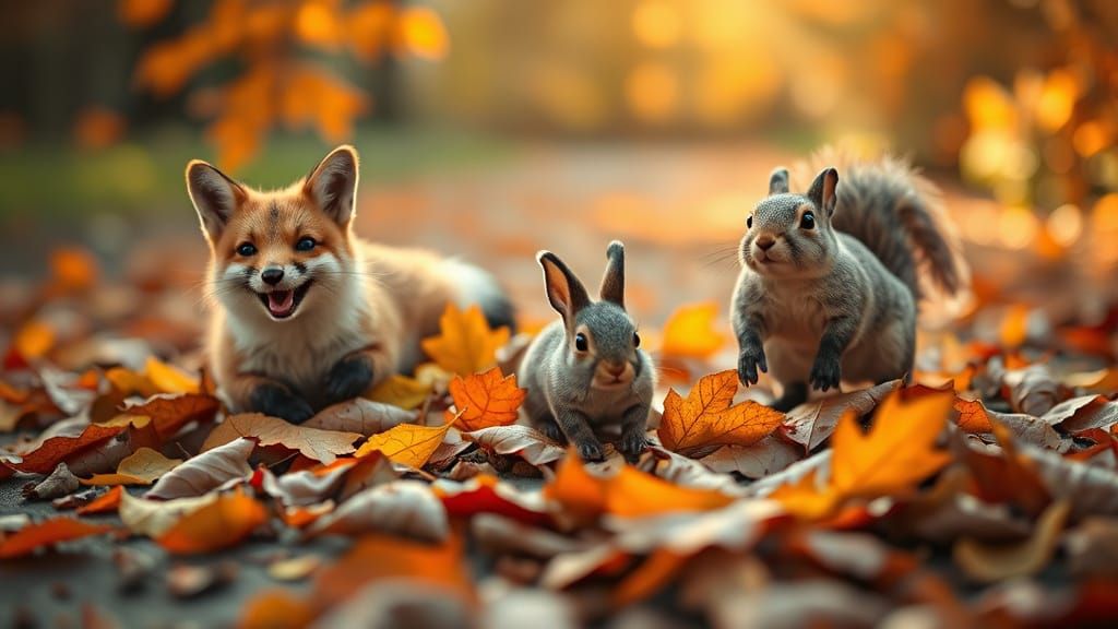 Cute Animals Play in Autumn Leaves with Neon Glow