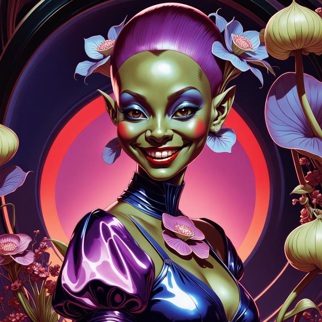 Purple Goblin in Floral Dress: Art Nouveau Portrait