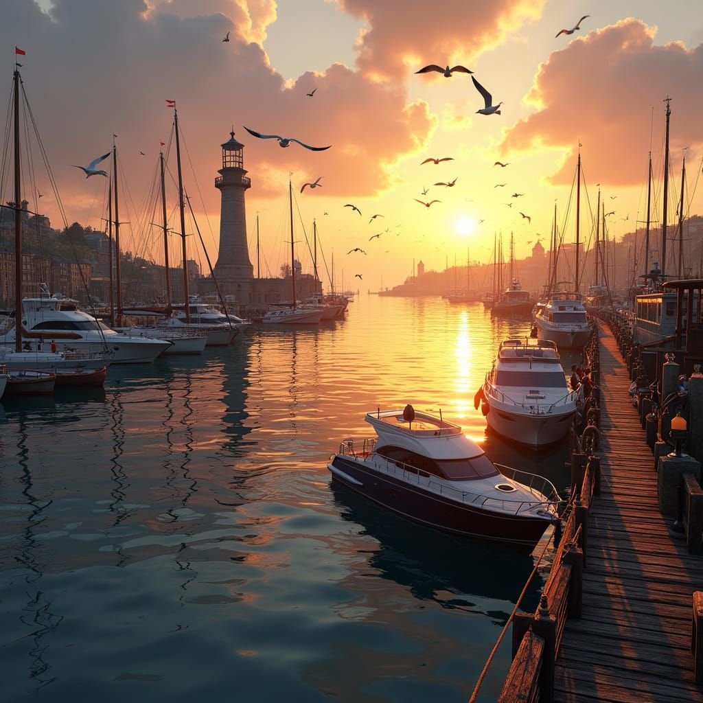 Sunset Harbor Scene in Photorealistic Style