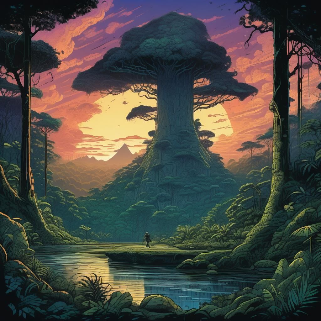 Rainforest Clearing with Breathtaking Sky in Retro Style