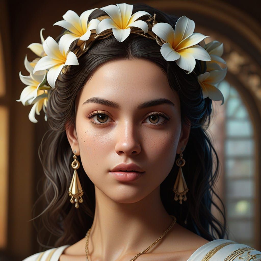 Ethereal Frangipani Spirit in Art Nouveau Style