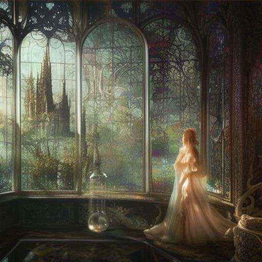 Crystal Cube with Victorian Mansion, Hyperdetailed 3D Art