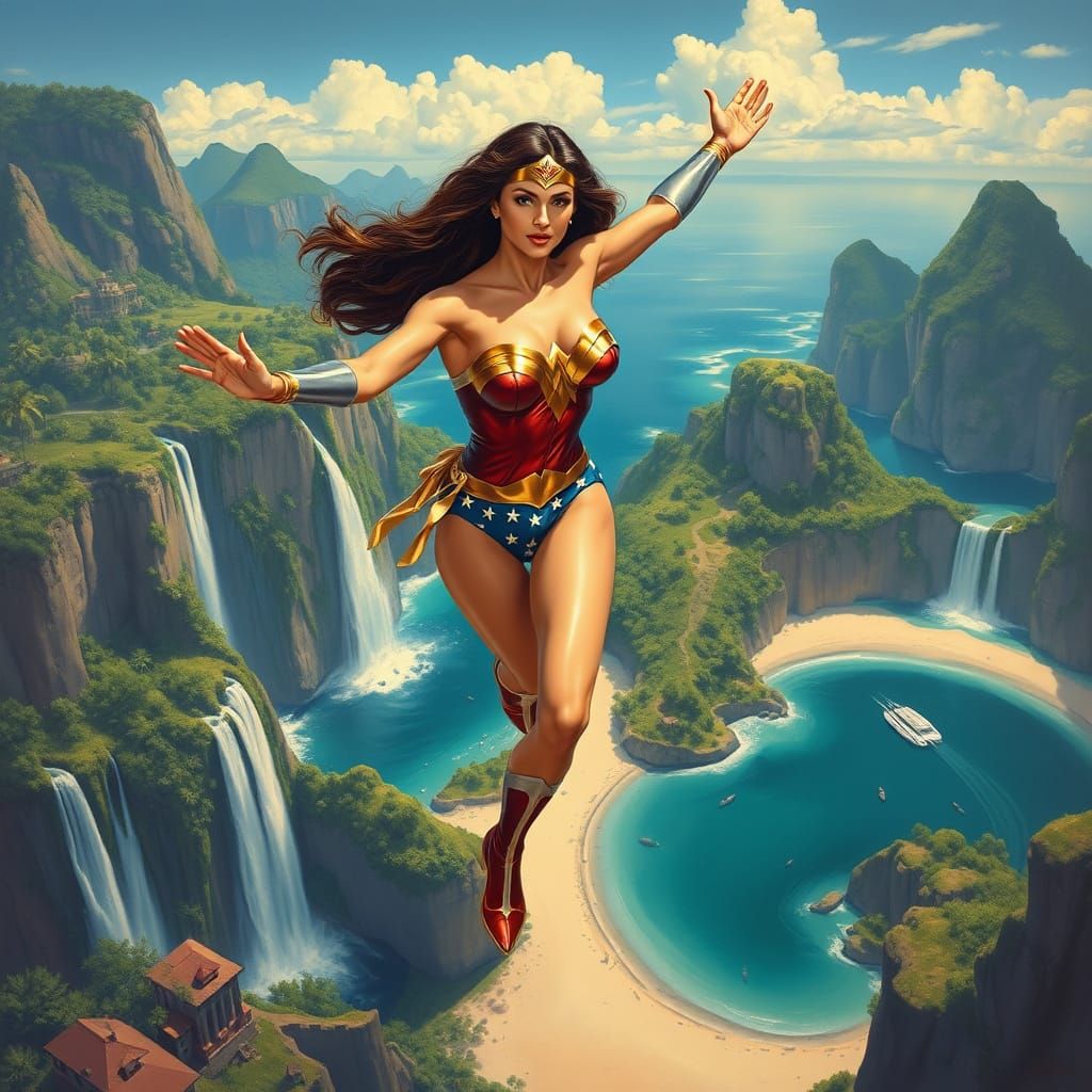 Wonder Woman Soaring Above Paradise, Oil Painting