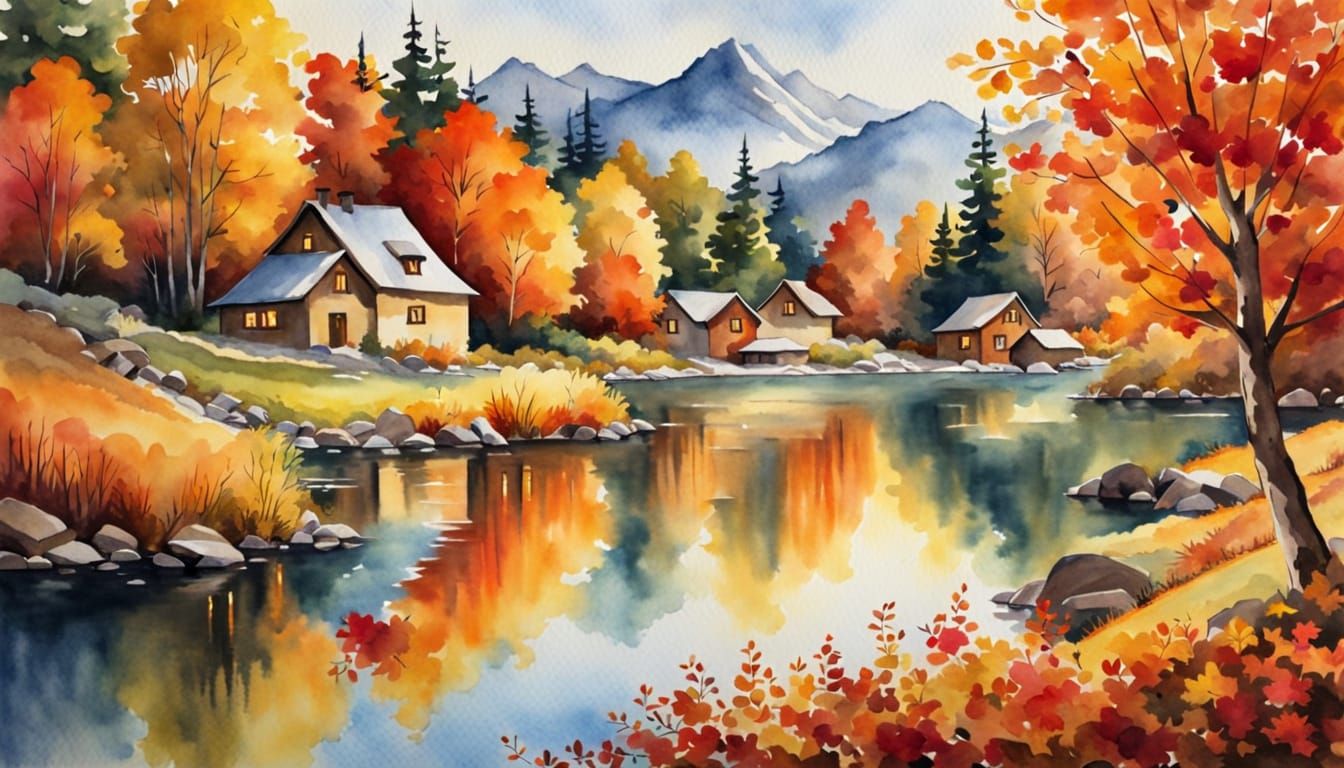 Cozy Autumn Village on Alpine Lake in Watercolor Style