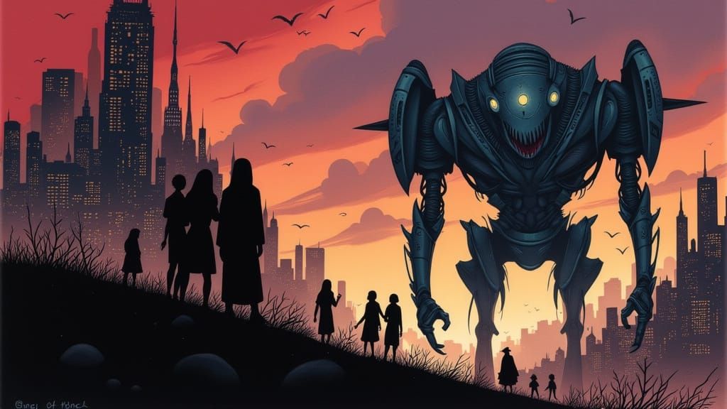 Dystopian Cityscape Hiding From Mechanical Giants