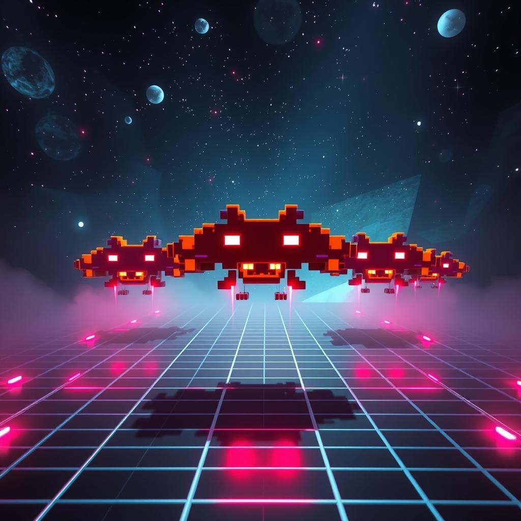 Retro-Futuristic 3D Space Invaders Scene