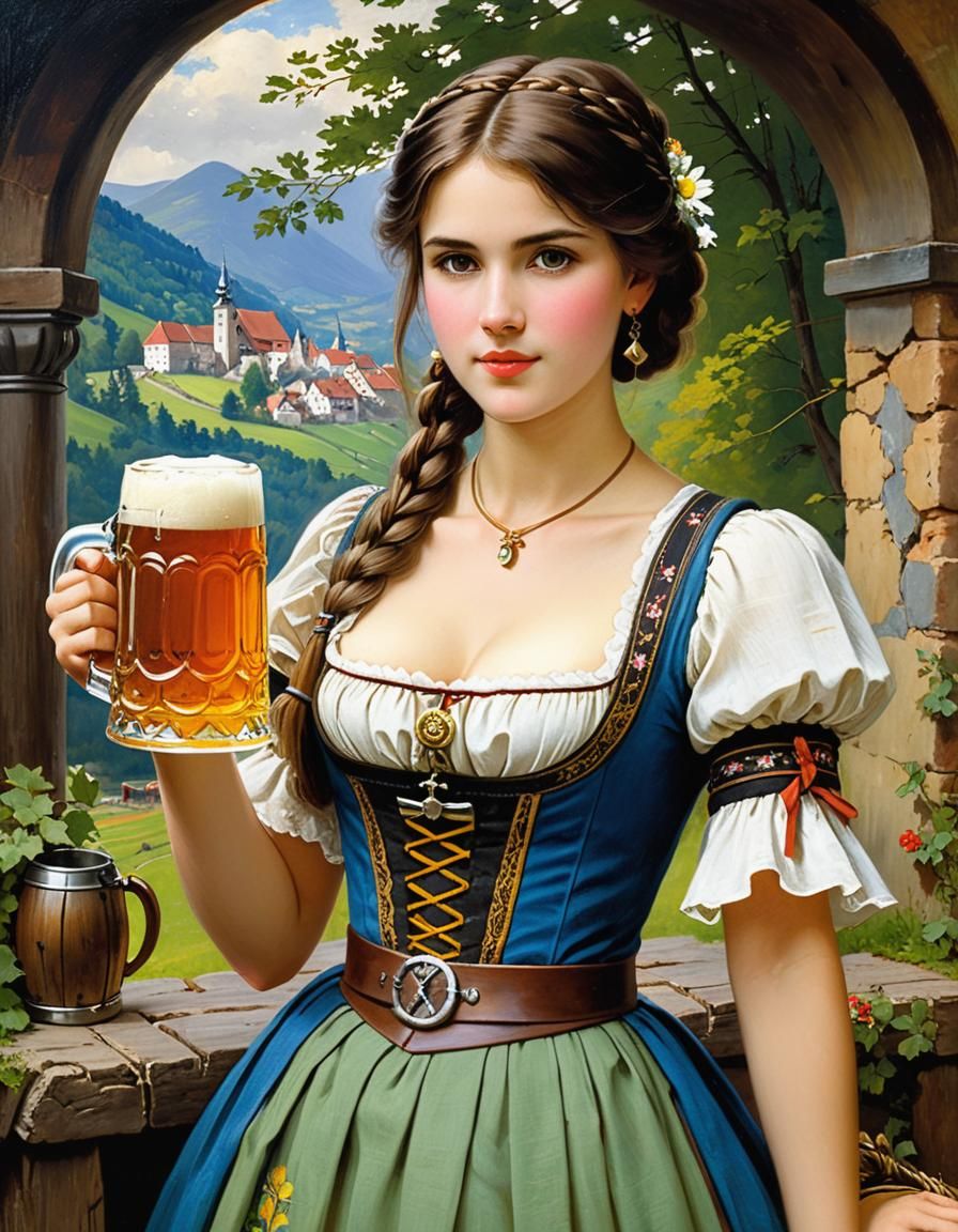 Bavarian Beer Maiden in Waterhouse Style