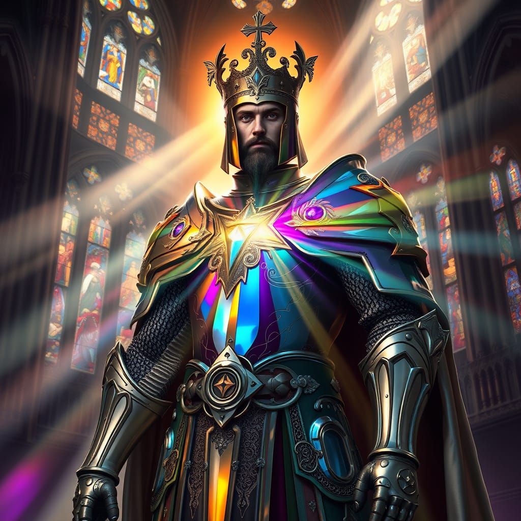 Prismatic Knight in Gothic Cathedral, Digital Illustration