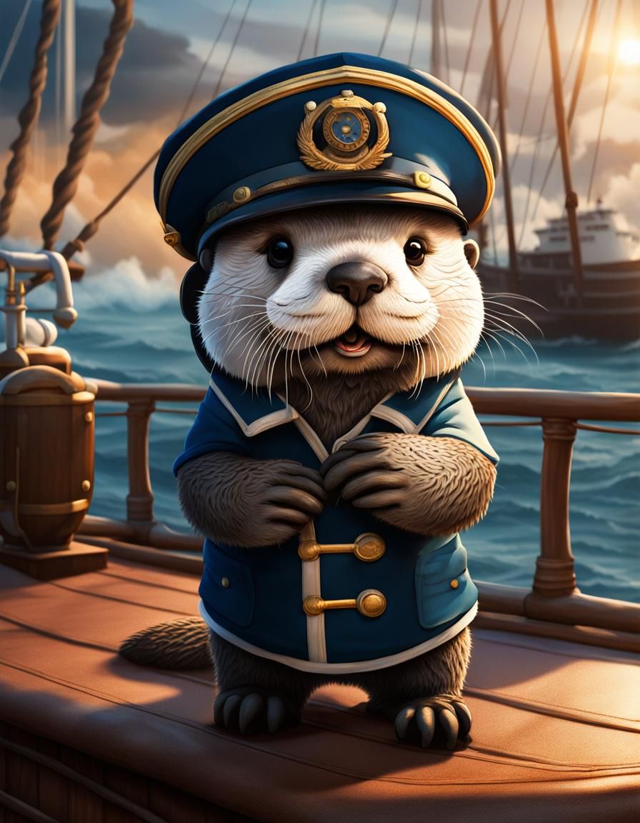 Cute Sea Otter Captain on a Ship