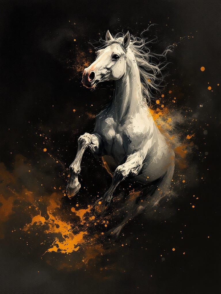 White Stallion Rears Amidst Fiery Sparks