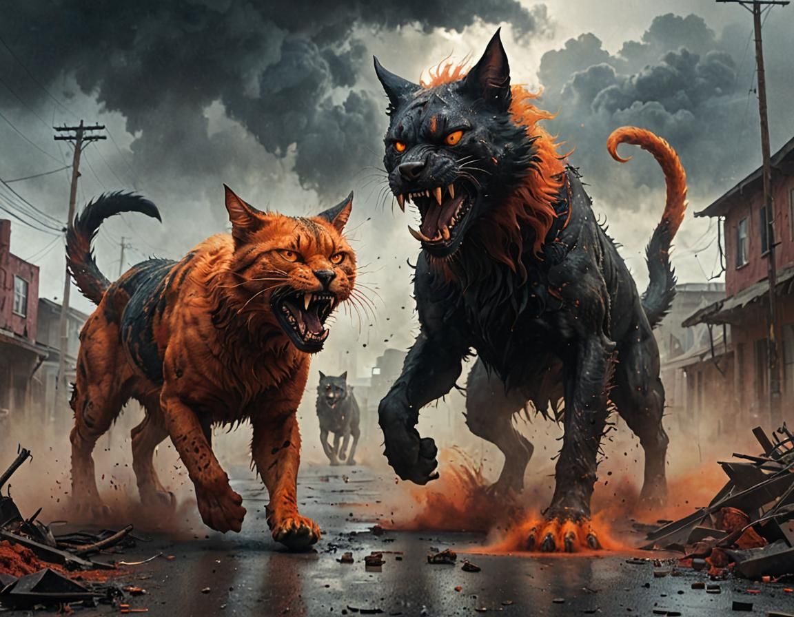 Demonic Cat and Hellhound Fight in Apocalyptic City