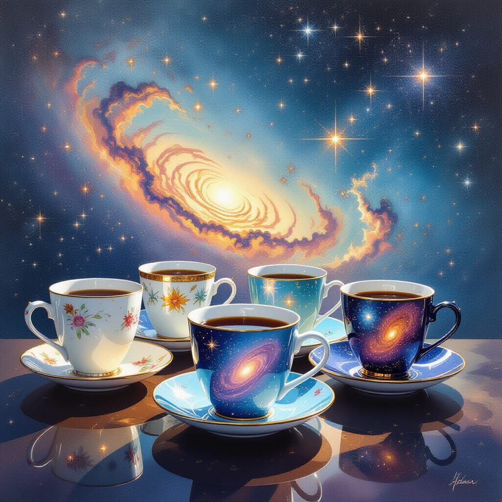 Antique Coffee Cups Floating in Cosmic Nebula Space