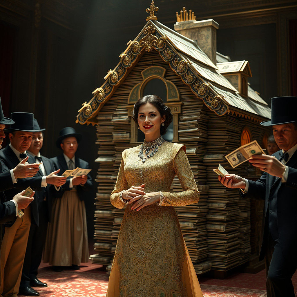 Opulent Woman with Money House in Hyperrealistic Style