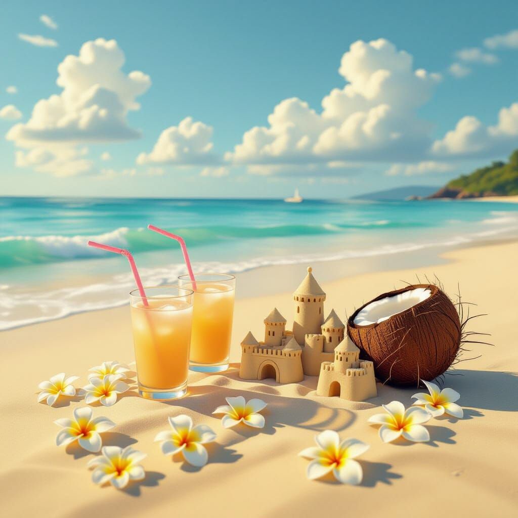 Dreamy Beachscape with Floating Sandcastles and Plumeria