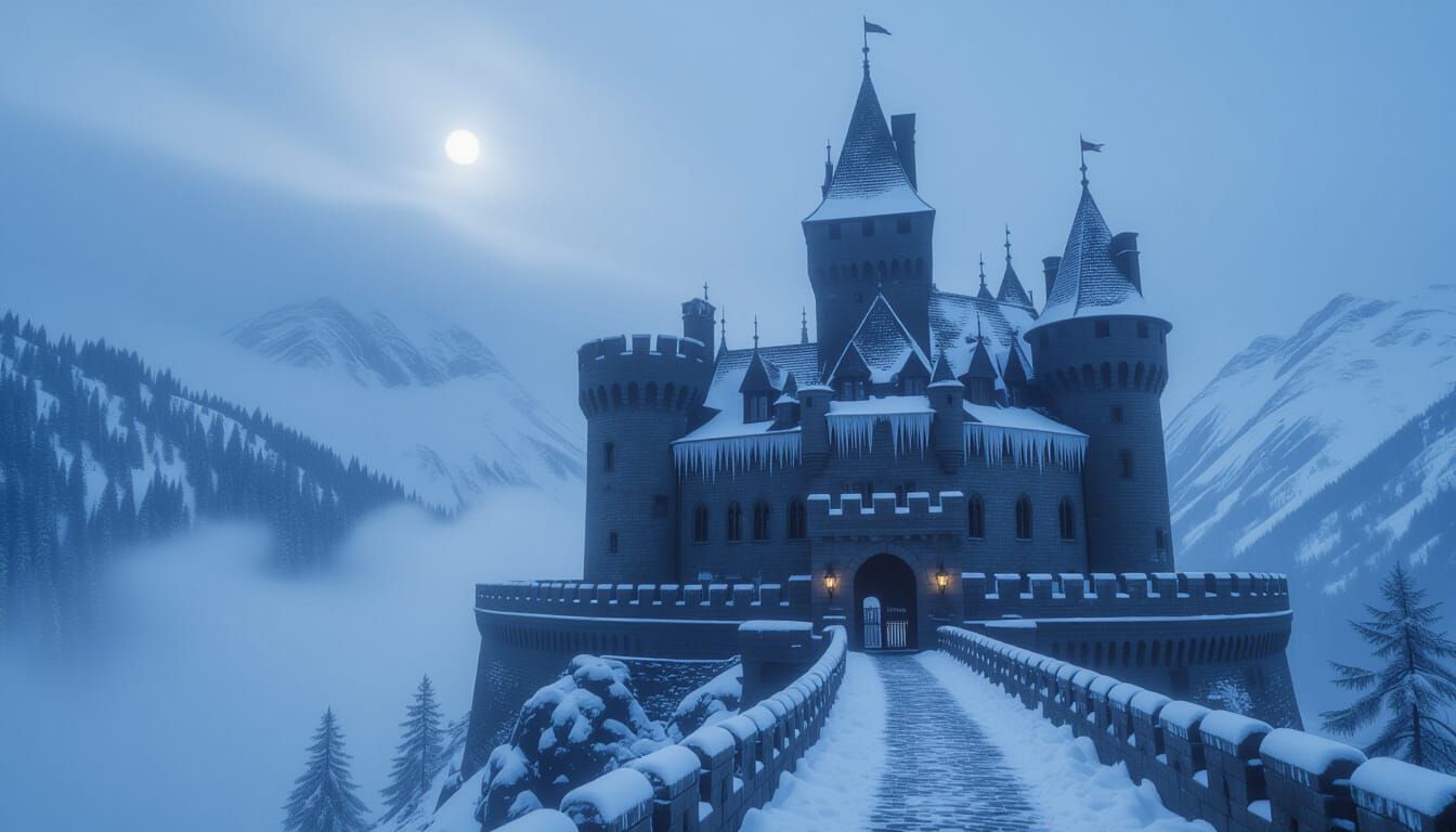 Majestic Snow-Dusted Castle in Ethereal Moonlight