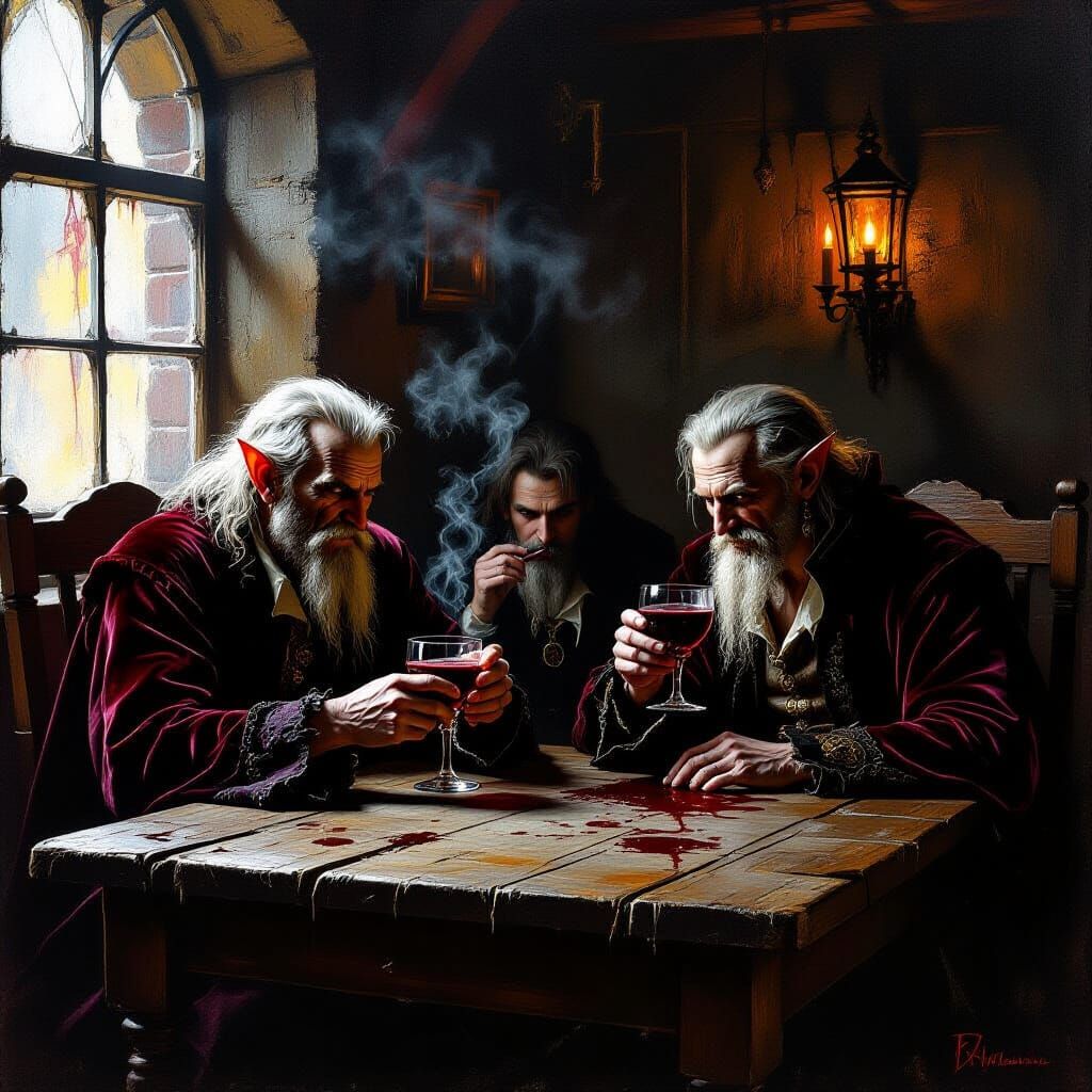Grizzled Vampires Drink Blood in Dimly Lit Tavern
