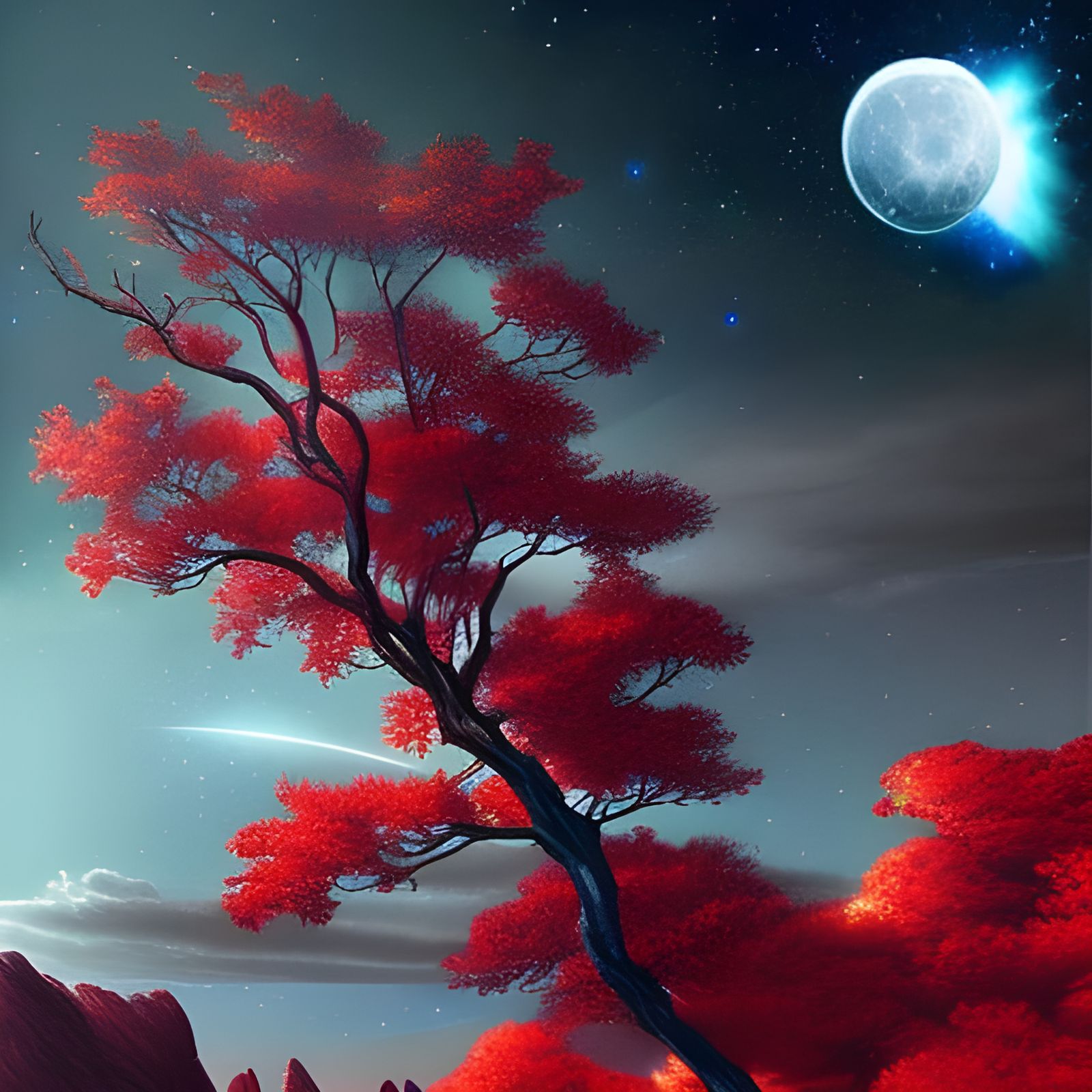Red Tree in Meteorite with Glowing Moon: Digital Painting