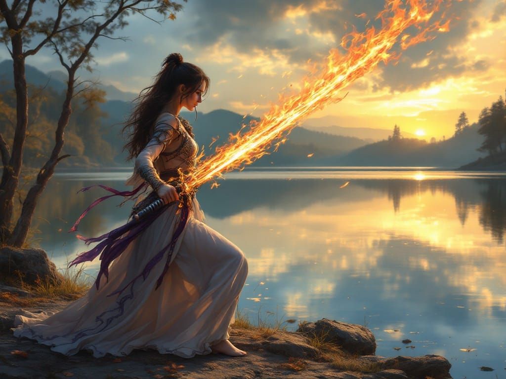 Swordswoman Battles Flames by Serene Lake