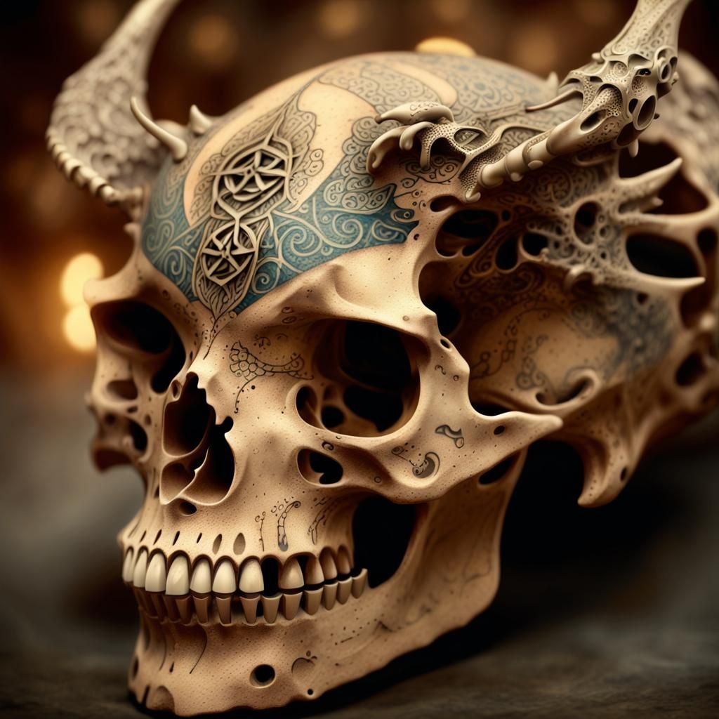 Dragon Skull Tattoo in Leonardo da Vinci Style