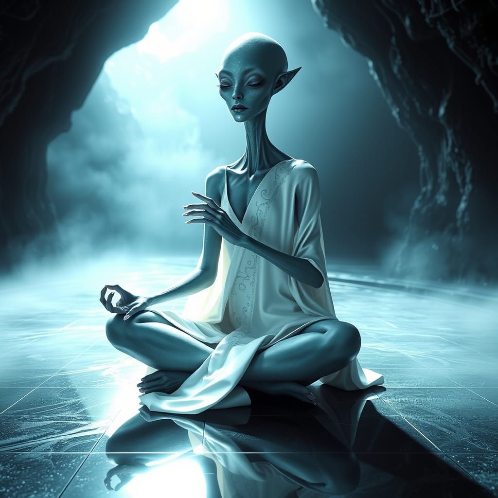 Ethereal Alien Maiden Meditates in Glowing Sanctuary
