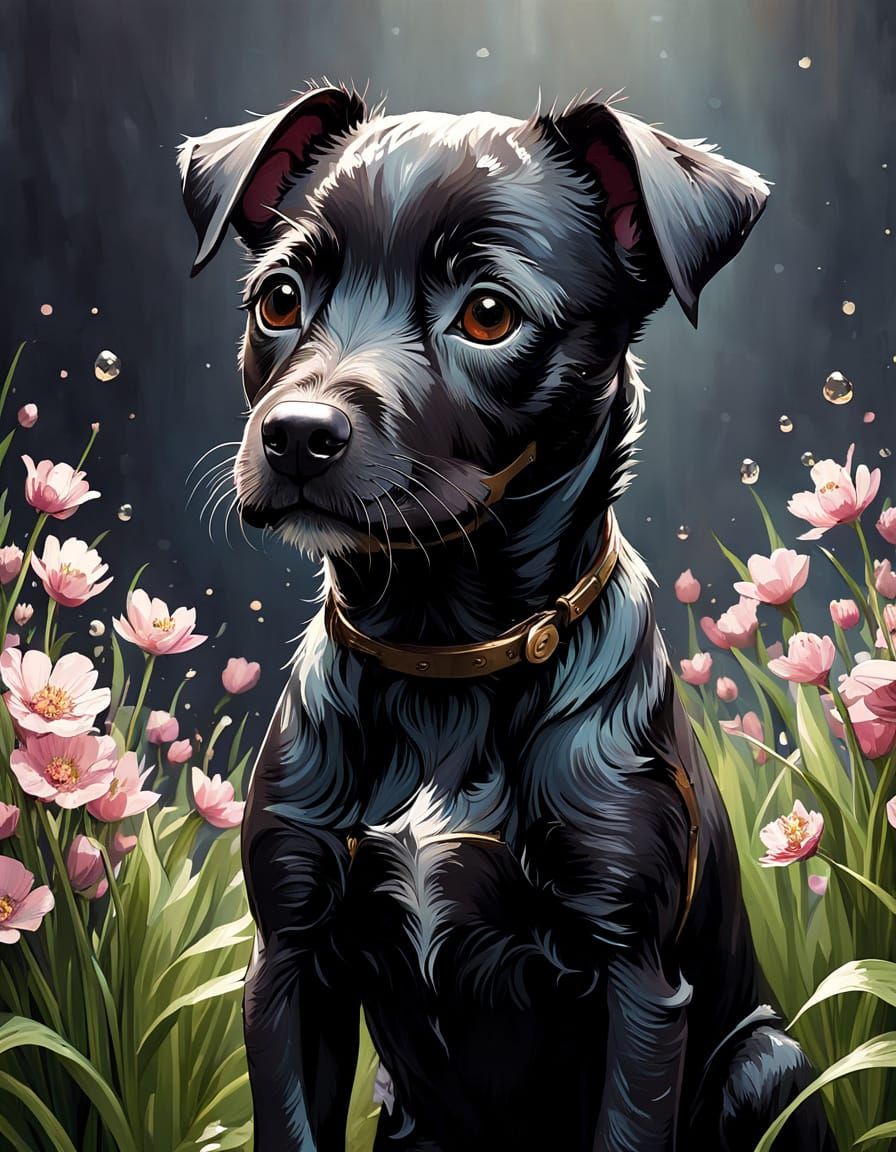 Adorable Patterdale Terrier Puppy in Spring, Digital Art