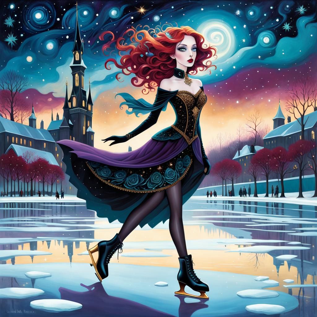 Gothic Woman Ice Skating on Frozen Lake