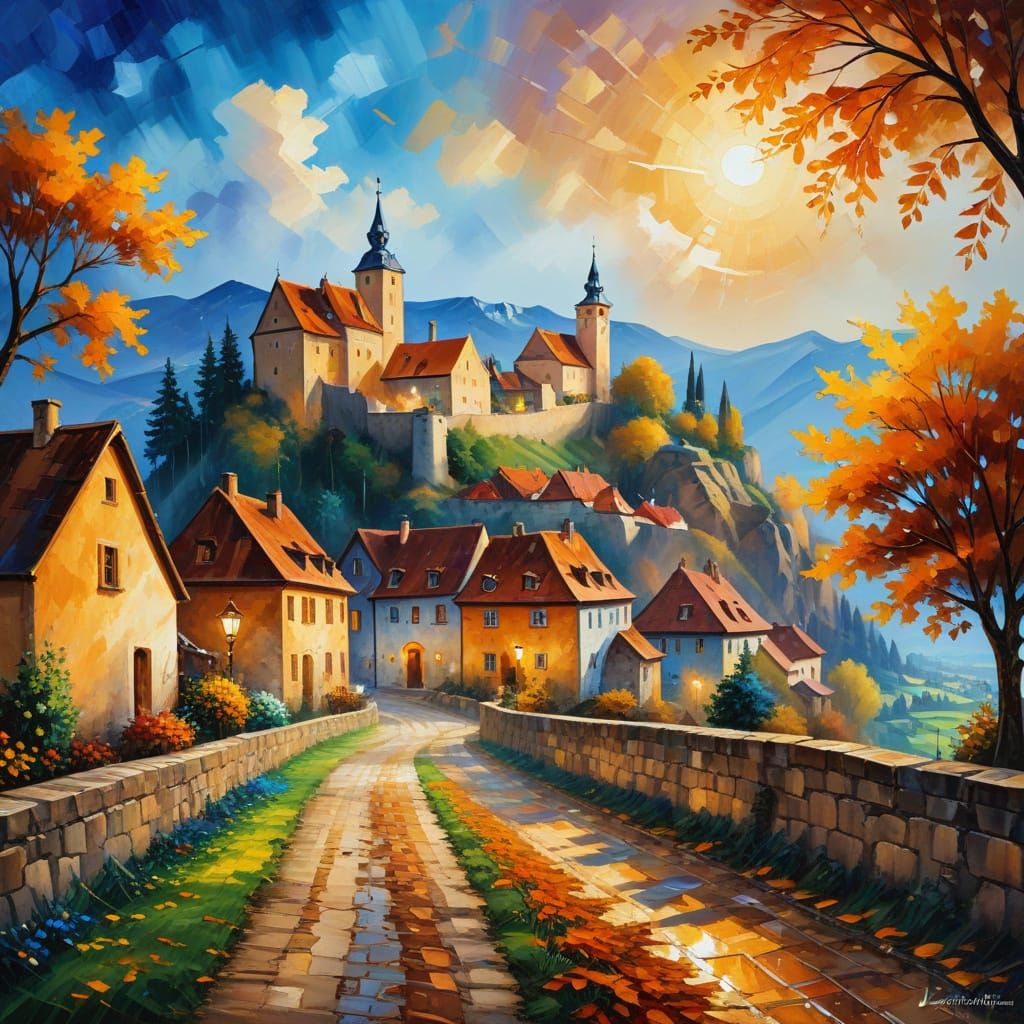 Austrian Village Castle in Impressionist Oil Painting