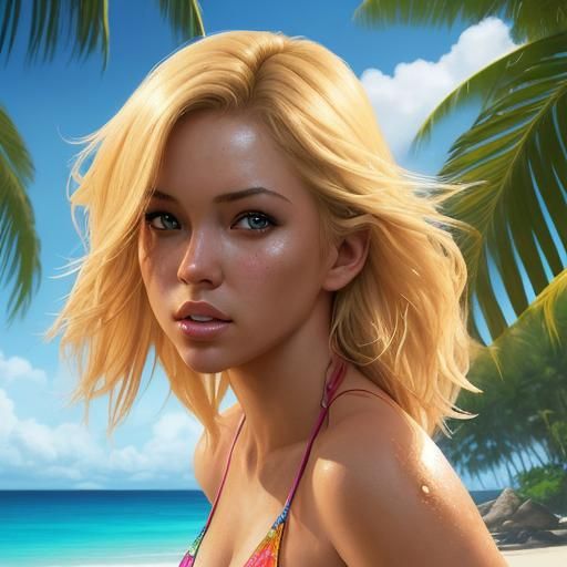 Beautiful Blonde Woman on Tropical Beach in Splash Art