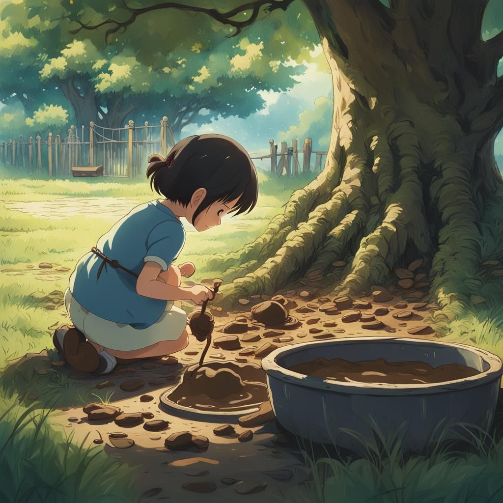 Girl and Kitten in Backyard, Ghibli Anime Style
