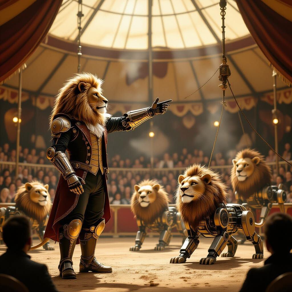 Steampunk Lion Tamer Directs Robotic Lions