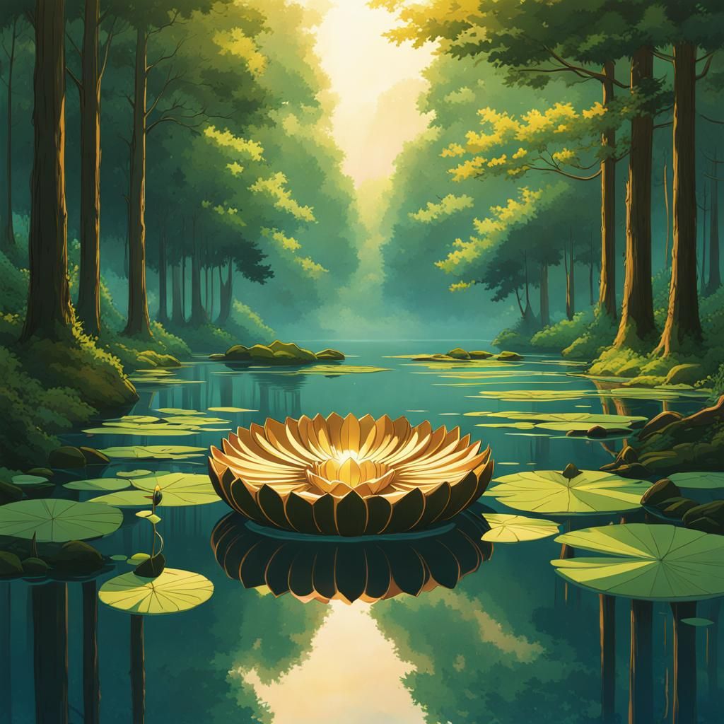 Copper Lotus Blooms in Forest Lake: Ghibli-Style Digital Art