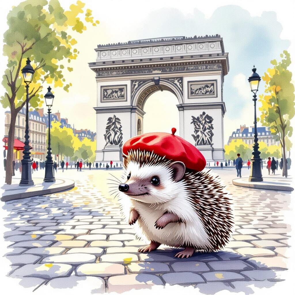 Charming Hedgehog in Beret by Arc de Triomphe