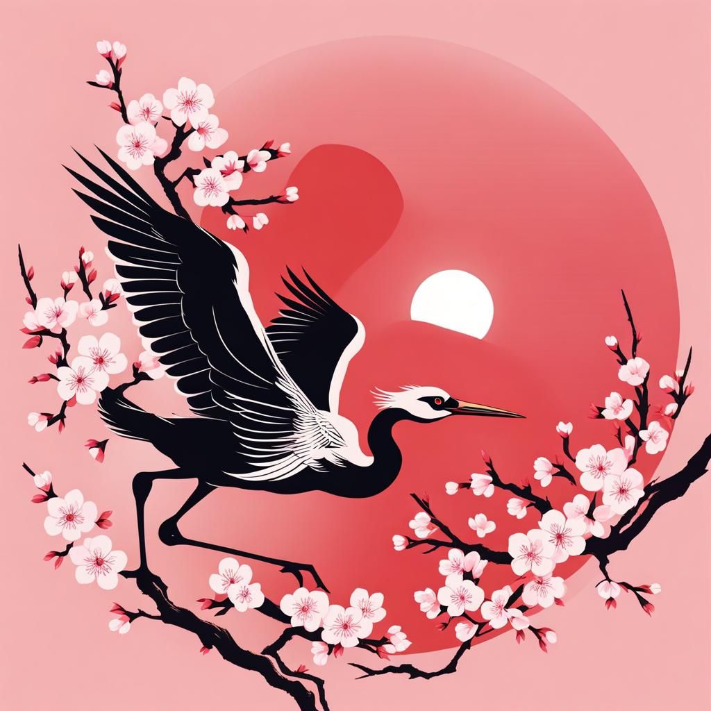 Crane with Red Moon in Asian Style Print