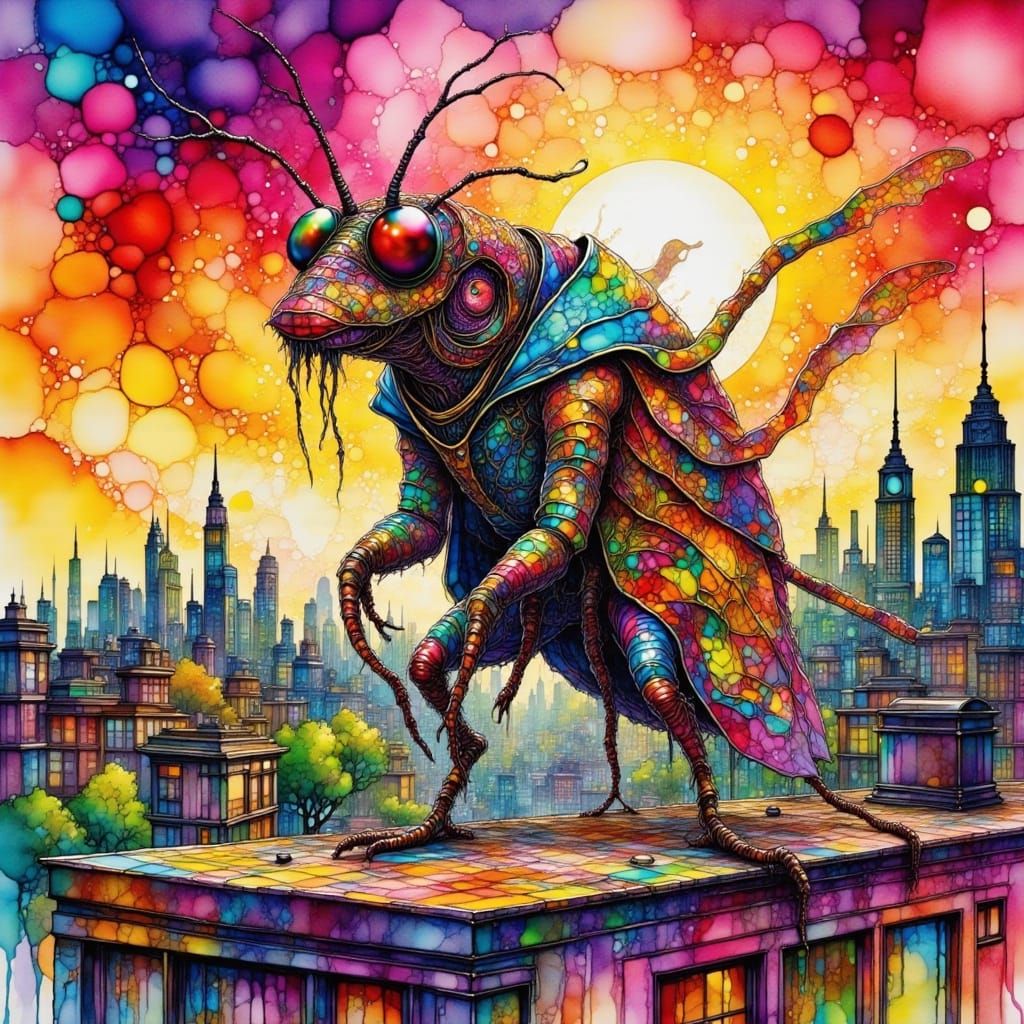 Giant Cockroach in Pop-Art Outfit on Graffiti Rooftop