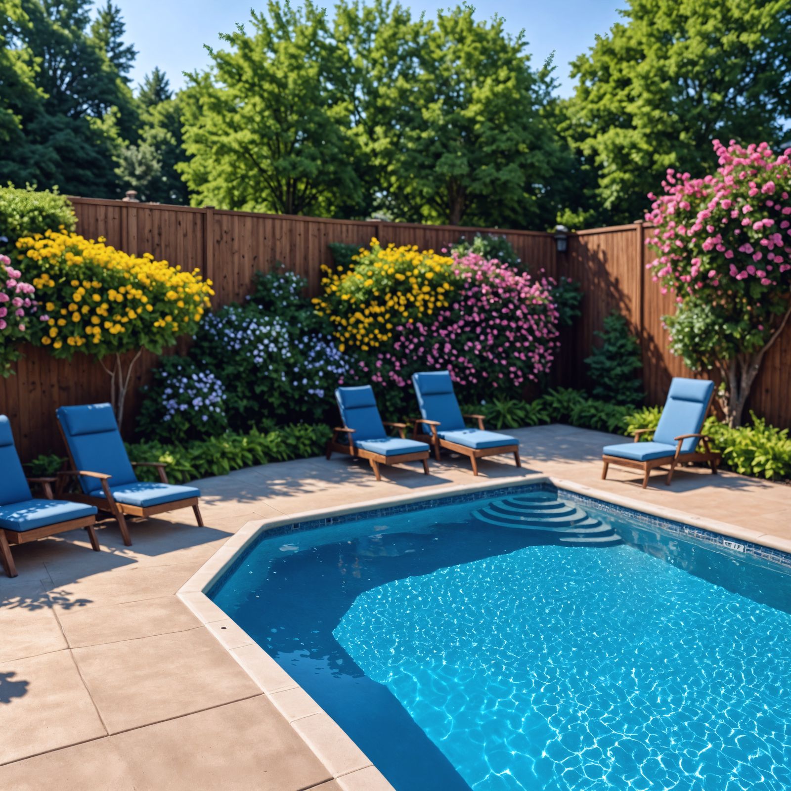Hyperrealistic Backyard Pool Scene with Vibrant Flowers