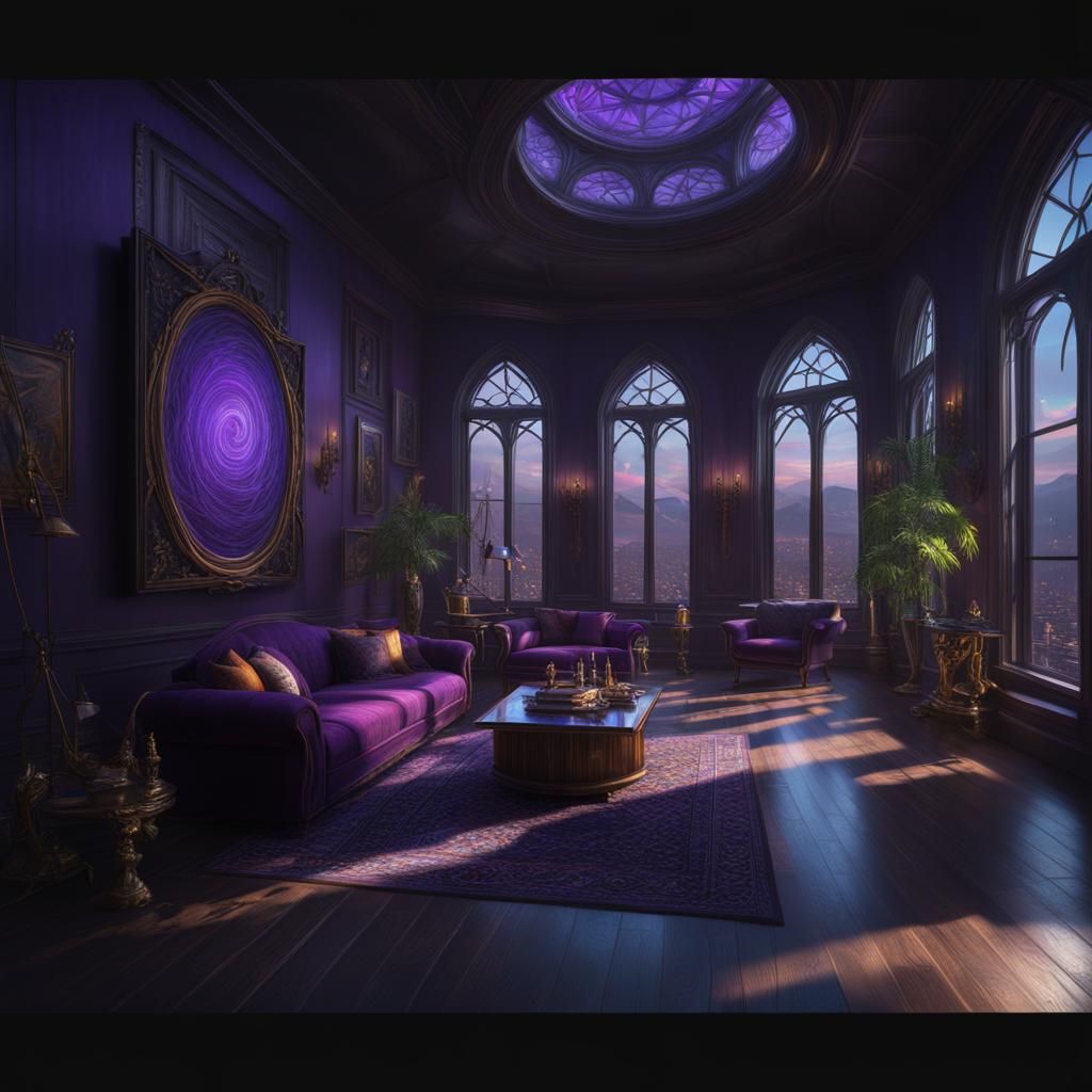 Witchy Wiccan penthouse with dark purple walls& hyperdetaile...