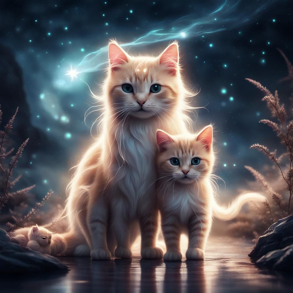 Ethereal Ghost Cat and Kitten in Mystical Landscape