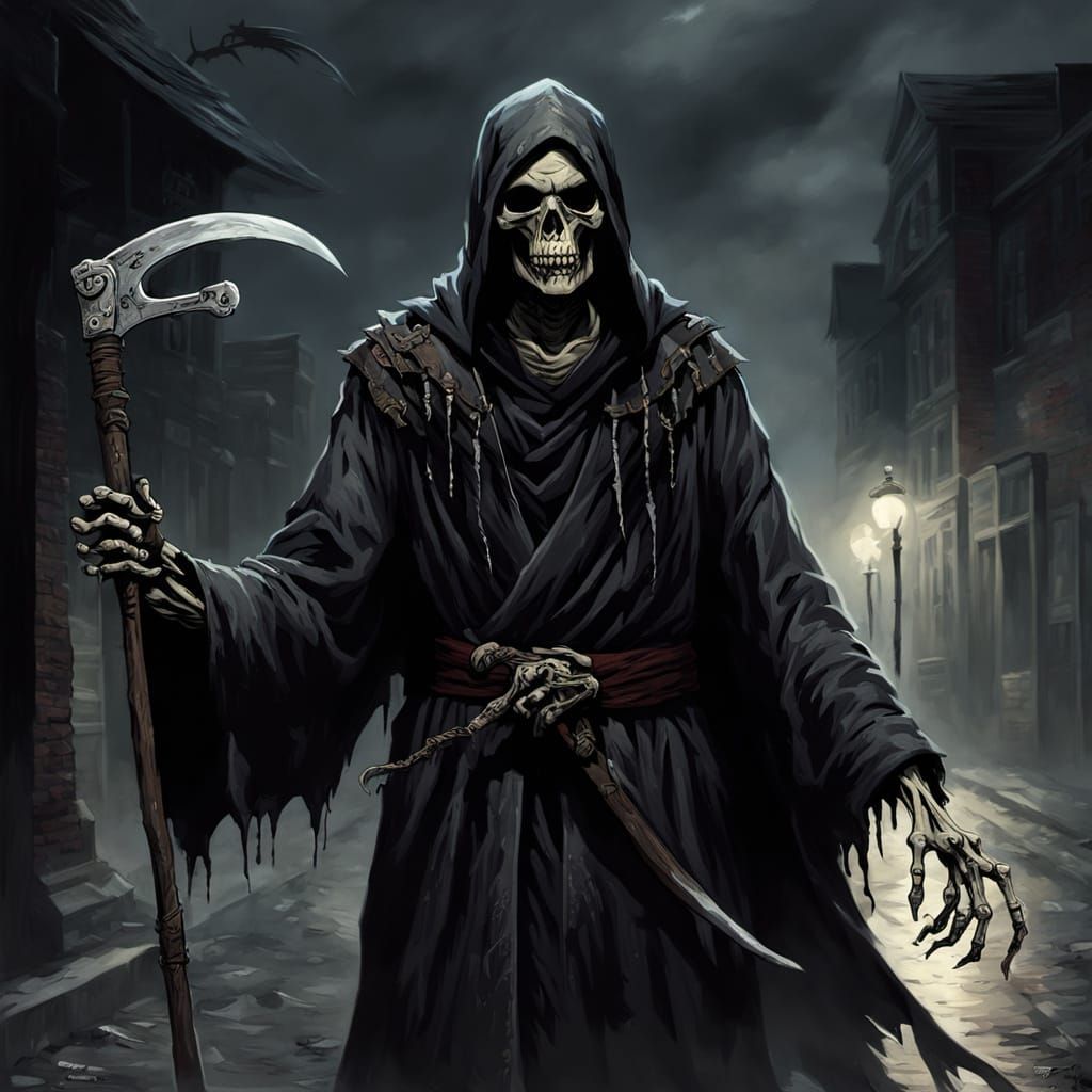 Sinister Reaper Strolls Through the Stormy Night