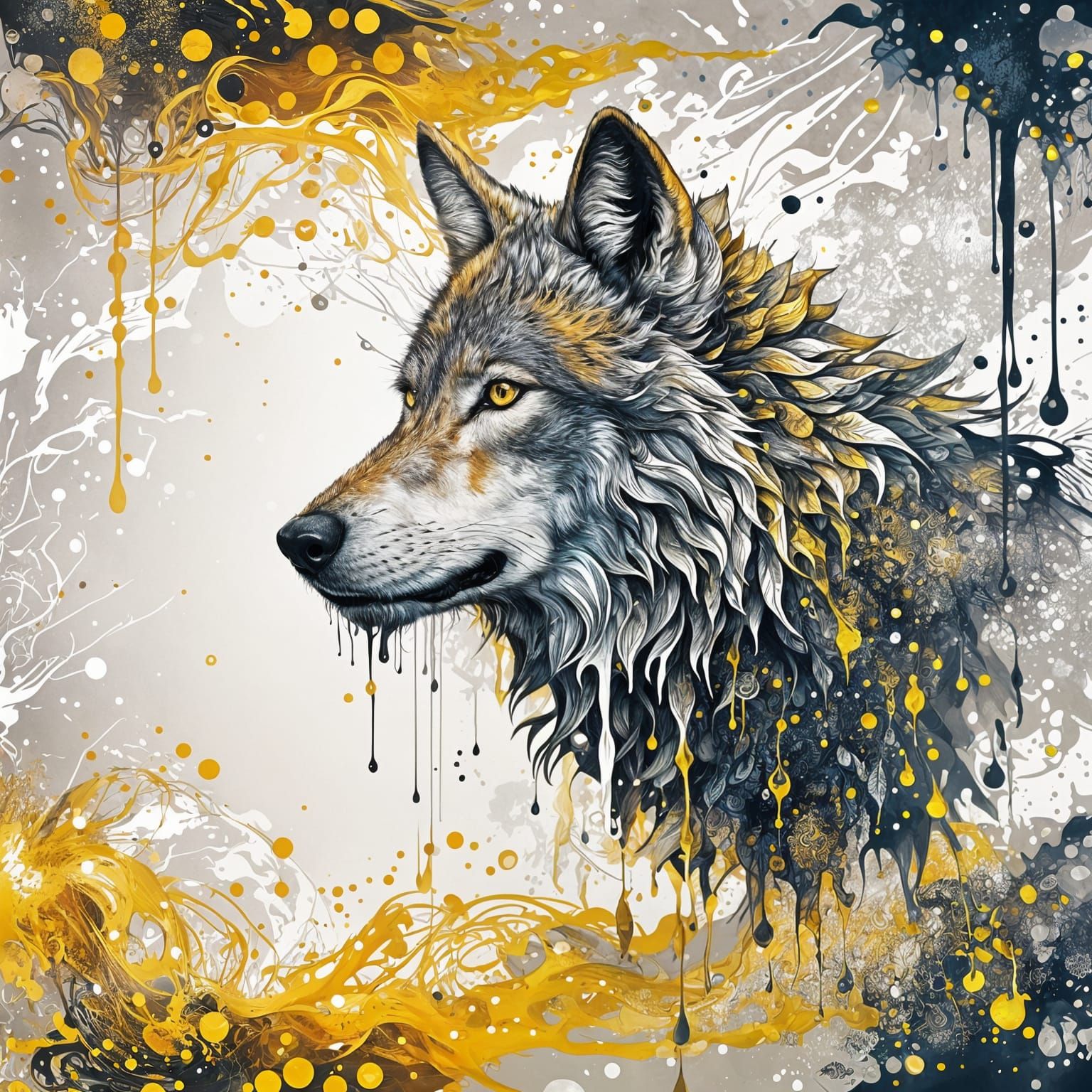 Surreal Wolf Portrait in Abstract Splatter Art Style