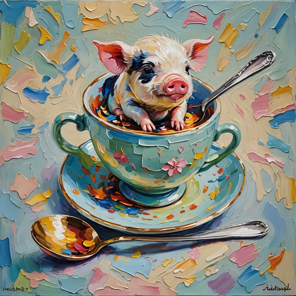 Teacup Pig in Spoon: Neo-Impressionist Oil Painting