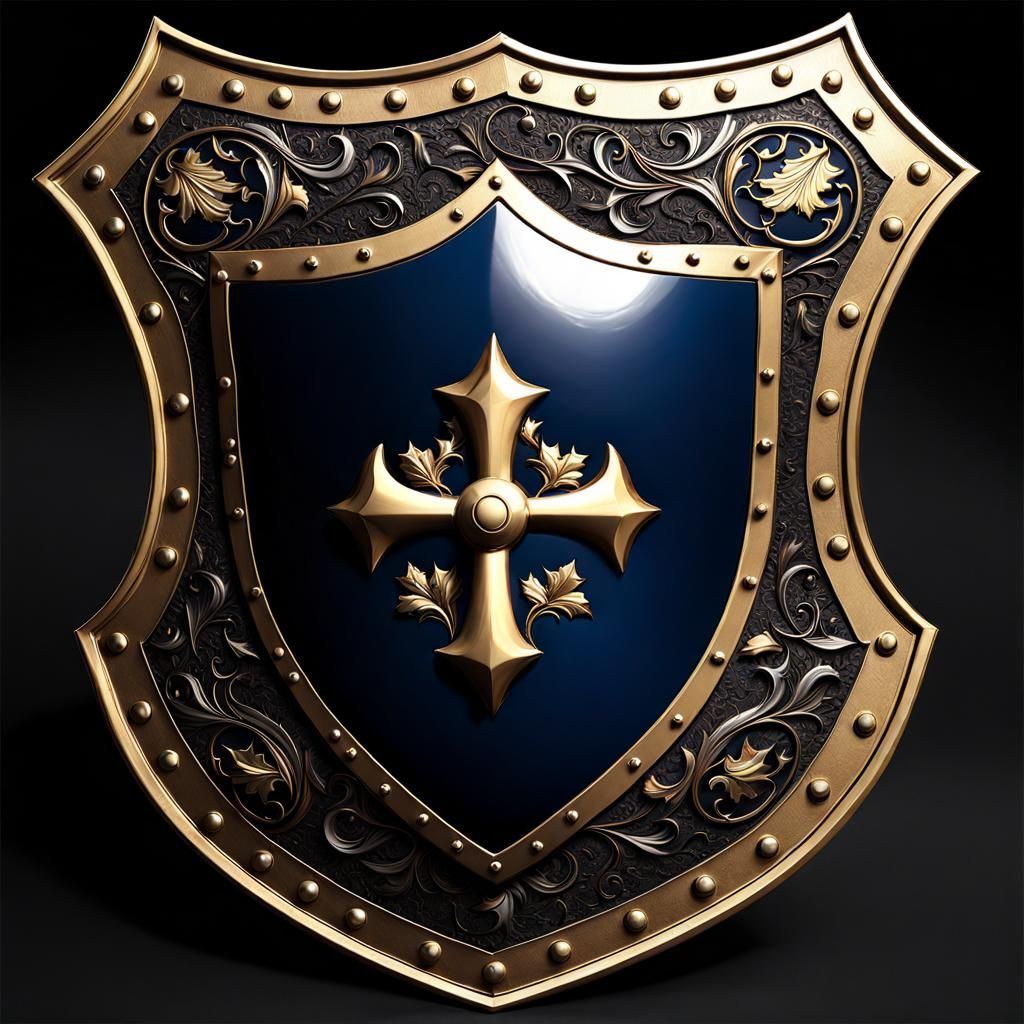 Ornate Medieval Shield on Stone Wall: Hyperdetailed Design