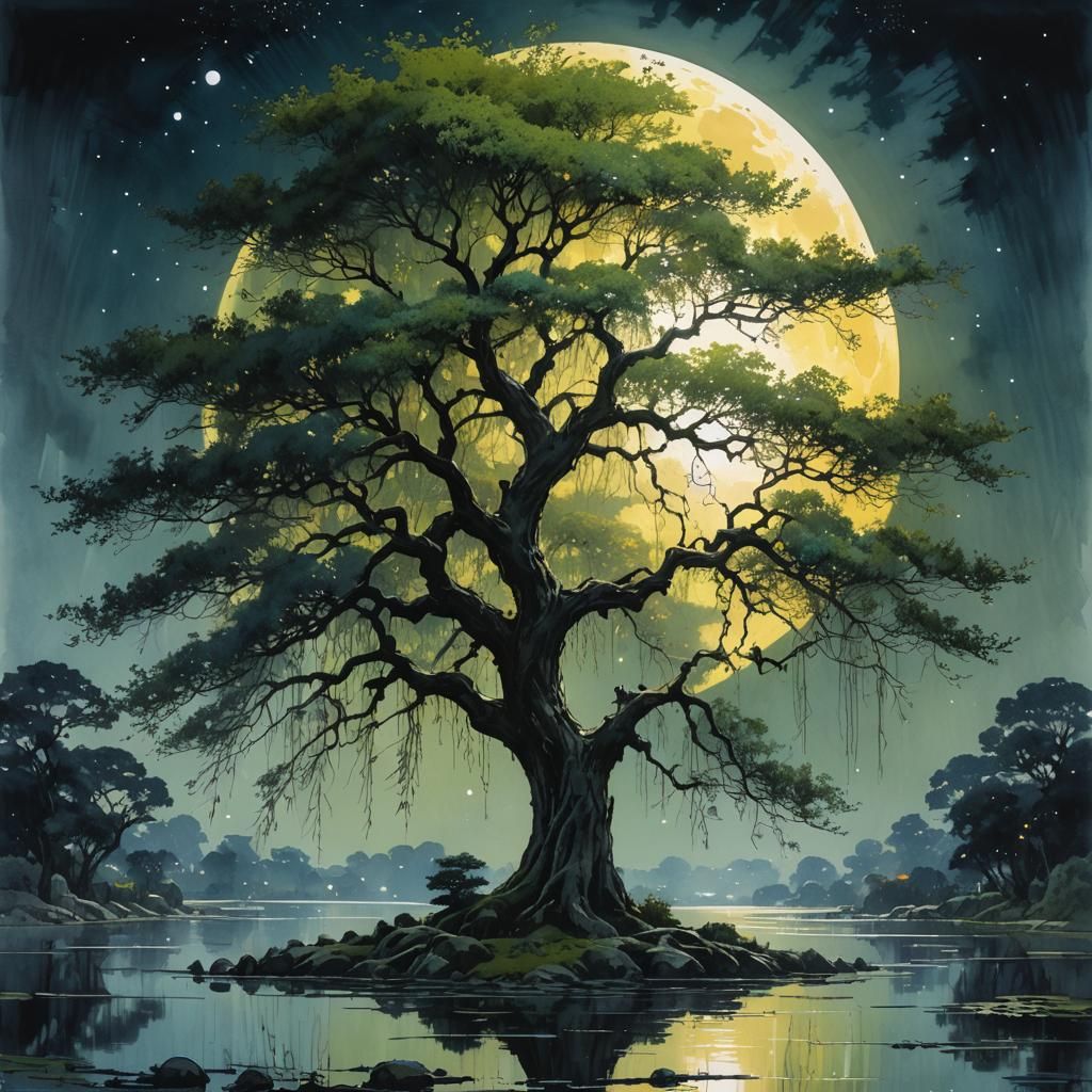 Magical Willow Tree Silhouetted by Giant Moon