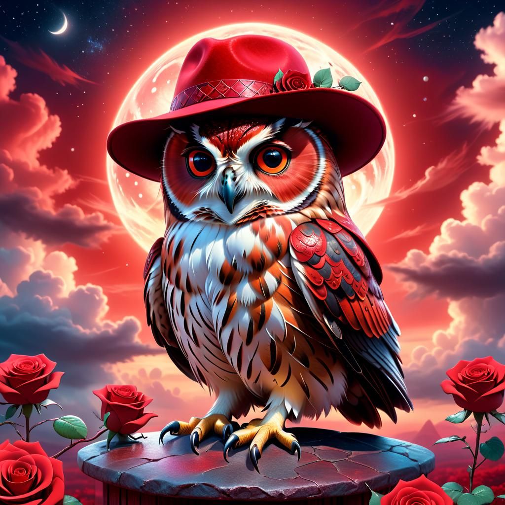 A red female Owl wearing a red fedora hat.