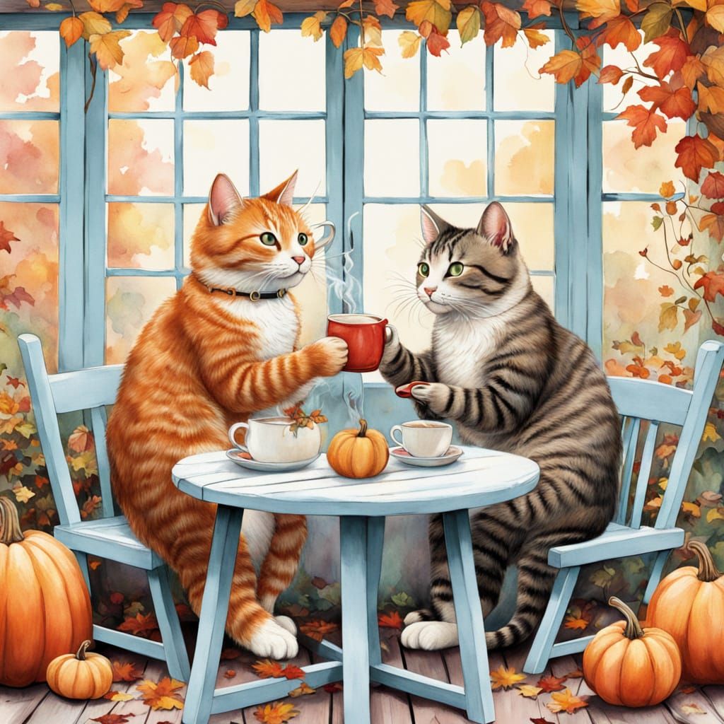 Cats Enjoying Autumn Cider, Watercolor Illustration