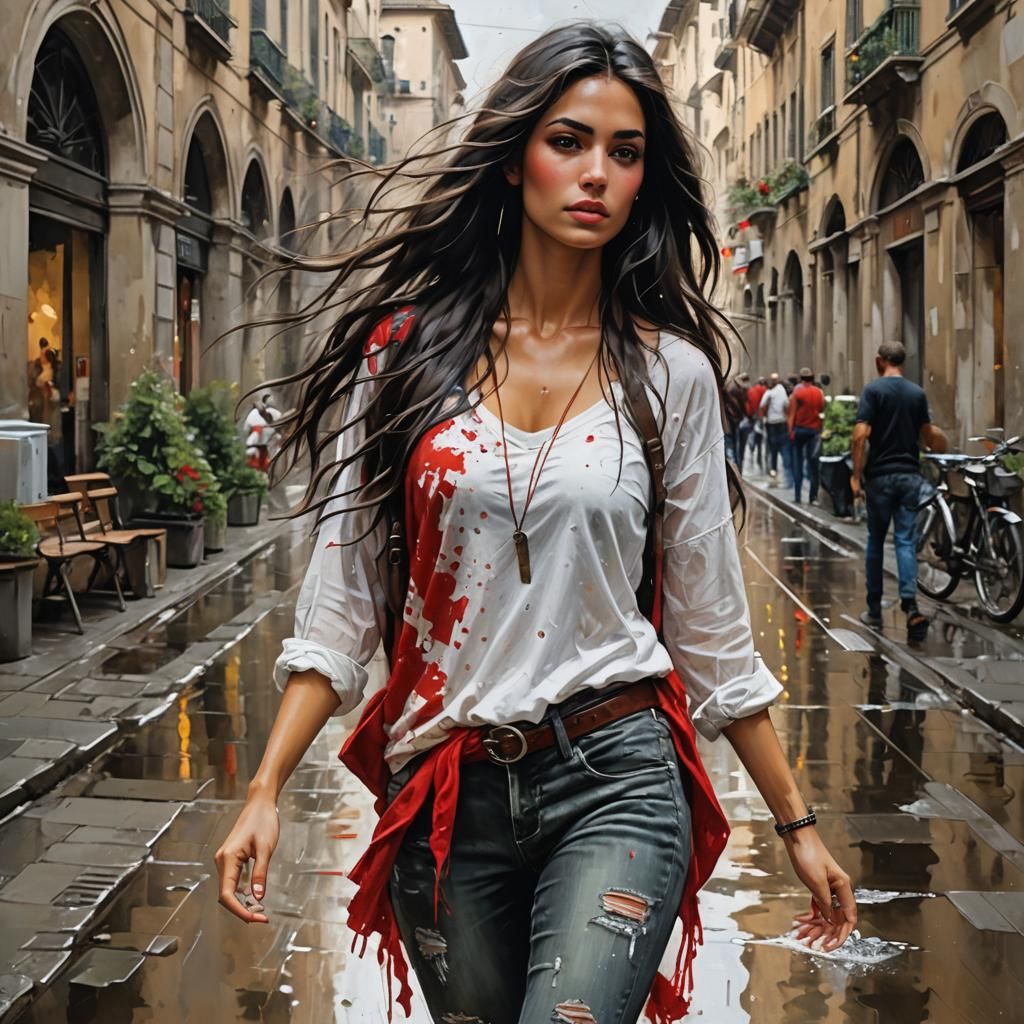 beautiful italian female long dark hair, weaing urban clothi...